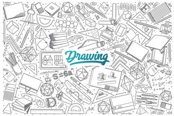 Obraz premium Hand drawn Drawing doodle set background with blue lettering in vector