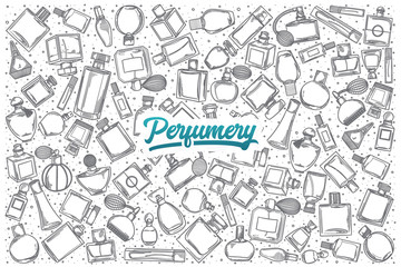 Hand drawn Perfumery doodle set background with blue lettering in vector