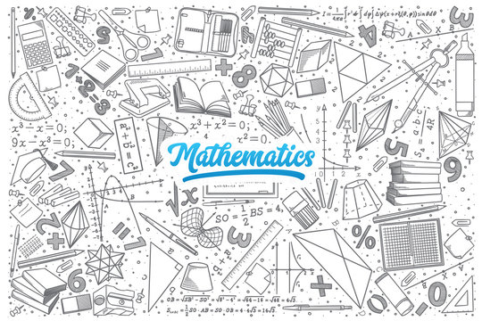 Hand drawn Mathematics doodle set background with blue lettering in vector