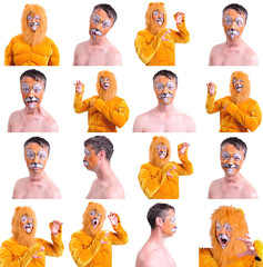 Collage of sixteen pictures isolated: close up portrait of smiling and fooling around animator in...
