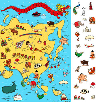 Map of Asia: Big Visual Game. Locate isolated items on a map.