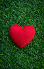 Red heart on artificial grass.