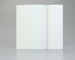 Blank folded leaflet white paper. 3d rendering. Gray background.