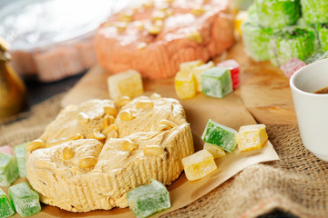 traditional eastern desserts on wooden background