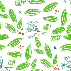 Seamless pattern with pickles cucumbers, onion, garlic and dill.