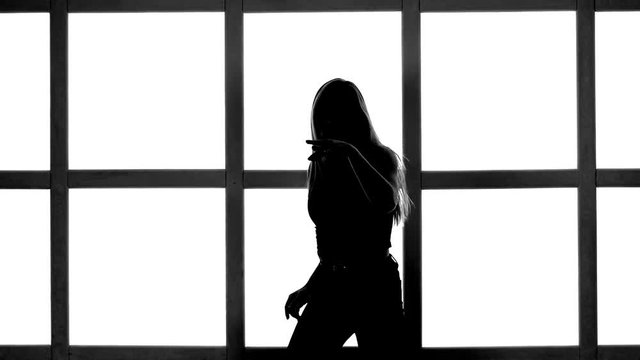 Silhouette of girl with long waving hair in profil on white background with grid window. Slow motion.