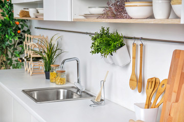 Closeup of interior of modern white kitchen with wooden kitchenware and mandarin tree on the background