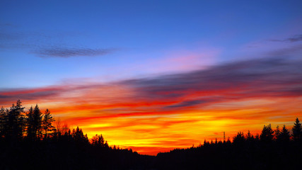 Blazing sunset over the evening hills forest. Flaming sky - the landscape in the setting sun.