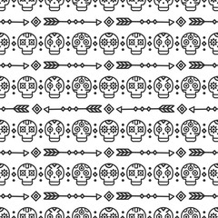 Day of the Dead. Tribal hand drawn line mexican ethnic seamless pattern. Border. Wrapping paper. Print. Doodles. Tiling. Handmade native vector illustration. Aztec background. Texture. Style skull.