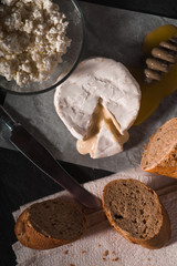 Brie cheese  with honey and bread on the stone background vertical