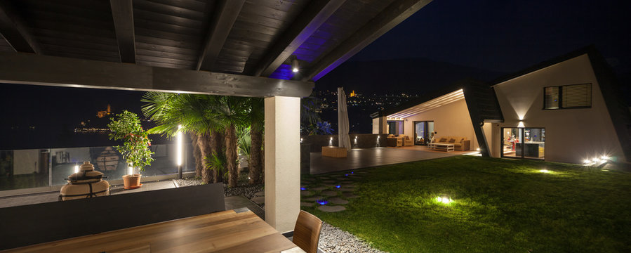 Modern villa in the night, outdoor