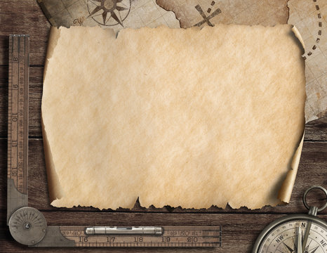 Old blank map background and compass. Adventure concept. 3d illustration.