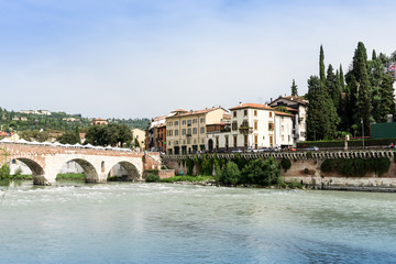 Fototapeta premium Verona, ITALY - September 3, 2016. Beautiful street view of Verona center. Shakespeare's plays are set in Verona: Romeo and Juliet, The Two Gentlemen of Verona, and The Taming of the Shrew.