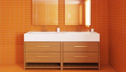 The minimalistic design of the bathroom. 3D Rende