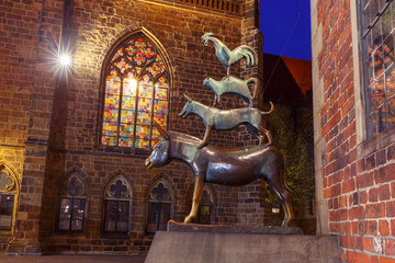 Famous statue of The Bremen Town Musicians, donkey, dog, cat and cockerel, from Grimm's famous...