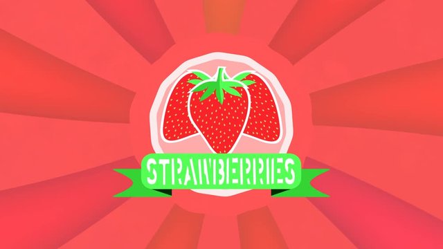 Strawberries logo with green ribbon and pink swirl background. Farmer strawberry retro jam, marmelade or juice icon. Fruit intro.