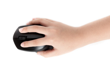 Hand child clicking wireless mouse. isolate on White Background