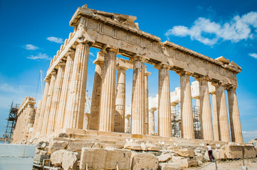 Greece, Athens, August 2016, The Acropolis of Athens, ancient citadel located on an extremely rocky outcrop above the city of Athens. Parthenon