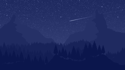Mountain Landscape Illustration at Night with Stars
