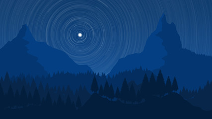 Mountain Landscape Illustration at Night with Stars