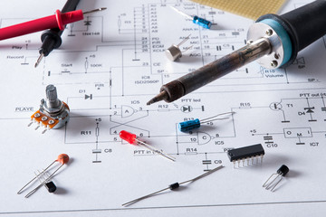 Close-up of electronic components on scheme