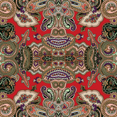 Seamless abstract geometric kaleidoscope paisley pattern. Traditional oriental ethnic ornament, on red background. Textile design.