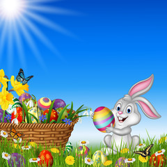 Happy Easter background with rabbit holding an Easter egg