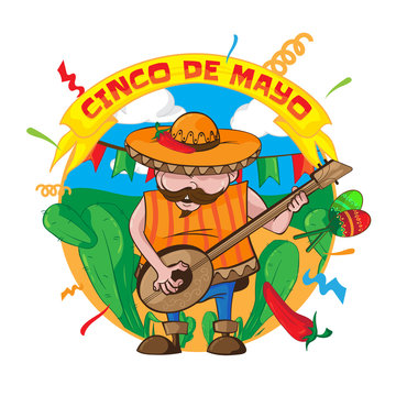 Happy Cinco De Mayo greeting card with an mexican man in sombrero playing guitar and maracas. On the background of cacti, flags and confetti. Vector illustration isolated on white background.