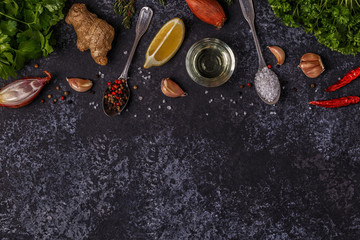 Background with spices, herbs and olive oil.