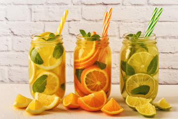 Detox fruit infused water. Refreshing summer homemade cocktail.