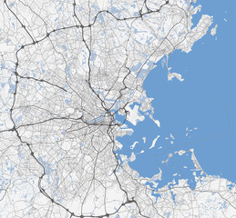 Black and white map of Boston city. Massachusetts Roads - 144458926