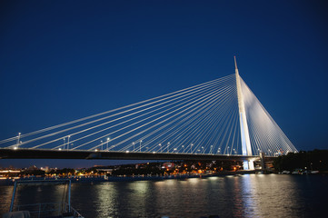 Fototapeta na wymiar Abstract image - Suspension Bridge night lights. Dusk Skyline