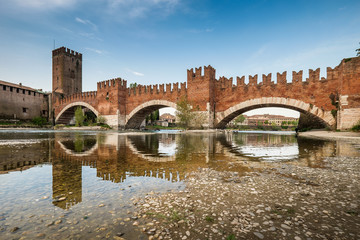 Verona, Italy. Detail of medieval stone bridge of Ponte Scaligero, over Adige River, built in 14th century near Castelvecchio