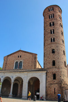 medieval Romanesque Cathedral with its brick bell tower in Ravenna