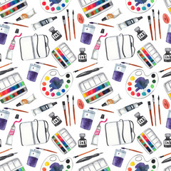 Seamless pattern with art supplies on white isolated background. Paints, palette, brushes, ink, sketchbook, pencil and pen. Watercolor background
