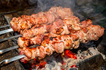 Preparing shashlik on mangal