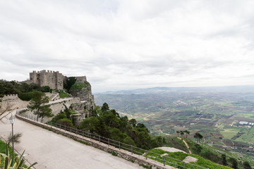 Castle dedicated to goddess Venus, on Erice mountain. In the background the plain of the province of Trapani, Sicily, Italy