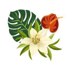 Tropical flowers and leaves. Elegant floral vector composition. Colorful cartoon illustration