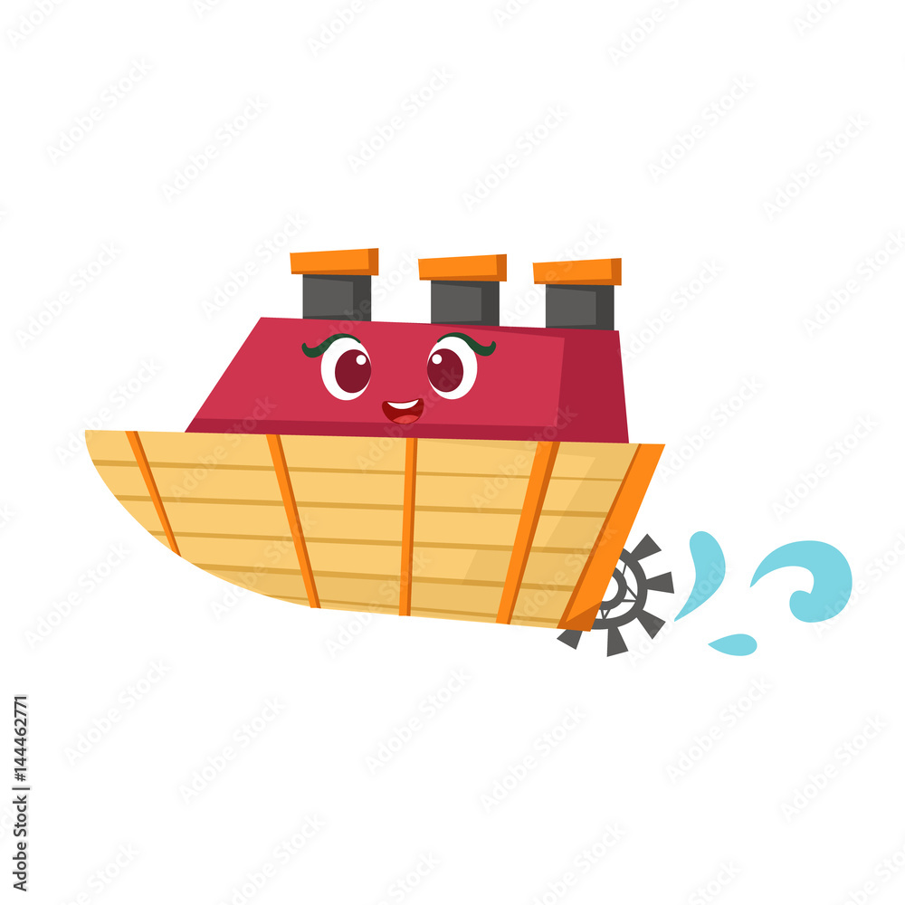 Poster Little Paddle Retro Steamer Boat, Cute Girly Toy Wooden Ship With Face Cartoon Illustration