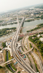 Skyline aerial view - city landscape - suspension bridge