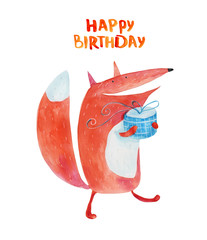Fox with present. Happy birthday. Watercolor illustration. Hand drawing