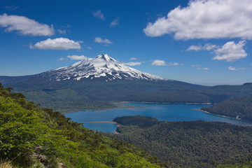Naklejka na ściany i meble view of a volcano of Llaima and the lake in Conguillio National Park in Chile