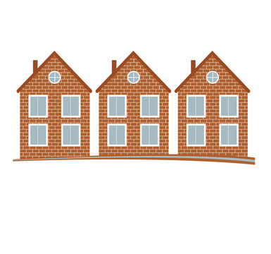 Brick  houses vector illustration, home image with horizon line. Touristic and real estate creative emblem, cottages front view.
