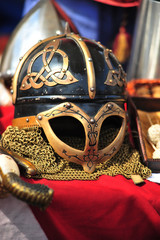 Ancient helmet of Vikings with the Celtic ornament. - 144470347