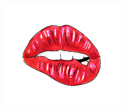 Beautiful sexy woman lips isolated on a white background. Female red lips drawing. Handwork. Color sketch felt-tip pens.
