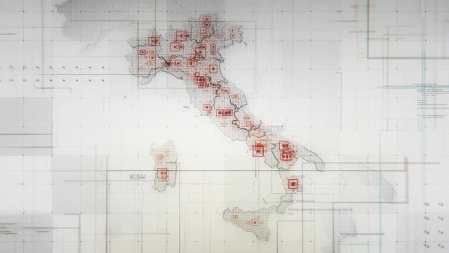 White Italy Map with Lines Rollback Camera. White Italy map with visual effects,square indicators and animated lines in different places.