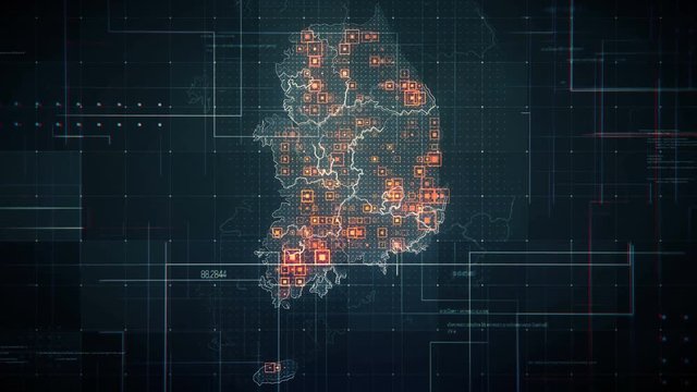 Black South Korea Map with Lines Rollback Camera. Black South Korea map with visual effects,square indicators and animated lines in different places.