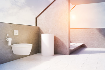 Fototapeta na wymiar Gray bathroom with toilet, side, toned
