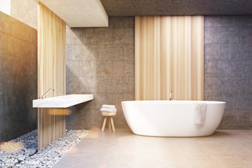 Fototapeta na wymiar Gray bathroom, white tub, front, toned