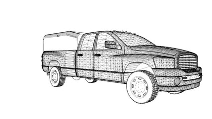 A three-dimensional model of a pickup truck in the form of a polygon mesh object. The camera moves makes the flyby. - Powered by Adobe